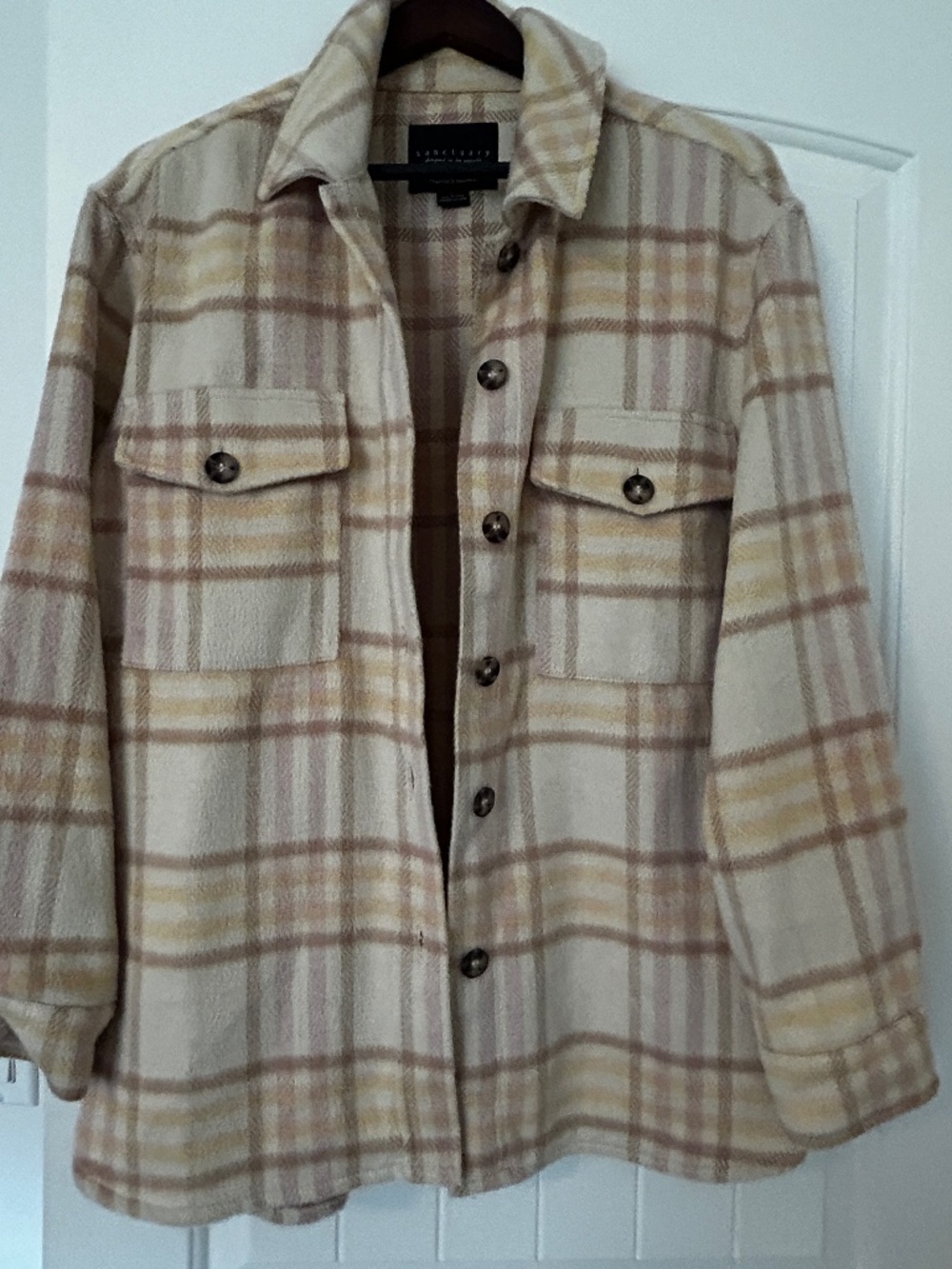 Sanctuary Women's Plaid Shirt Jacket Shacket Cream Tan Pink Size L